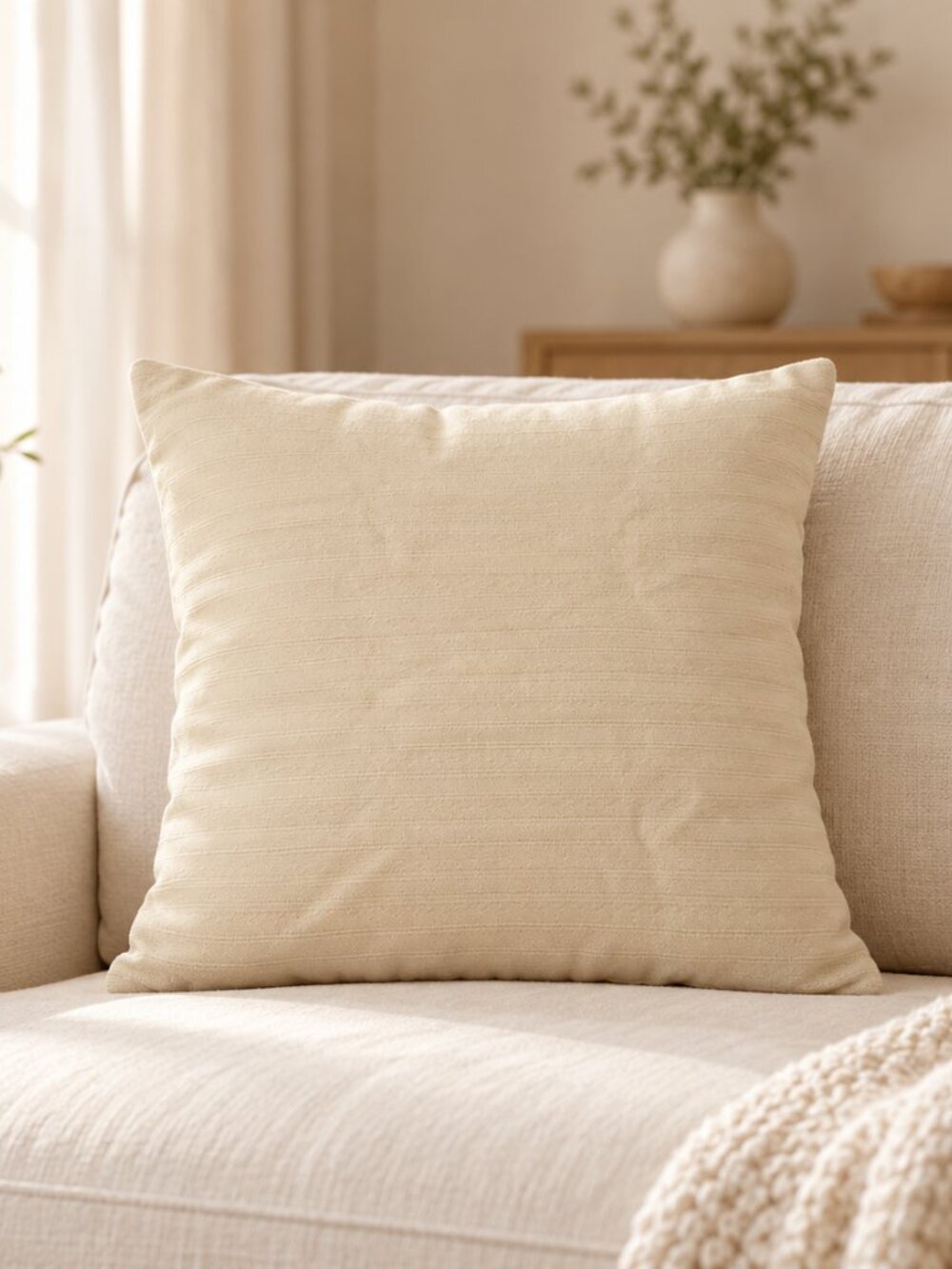 Cream Textured Throw Pillow Cover Striped Weave 17x17
